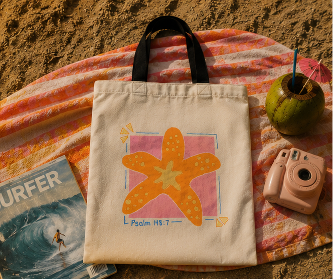 Faith-inspired Psalm 148:7 starfish tote bag photographed on a striped beach towel with coastal summer accessories in warm sunset lighting.