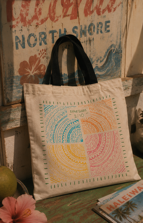 Ephesians 2:10 graphic tote bag photographed with vintage beach-inspired decor and relaxed coastal styling.