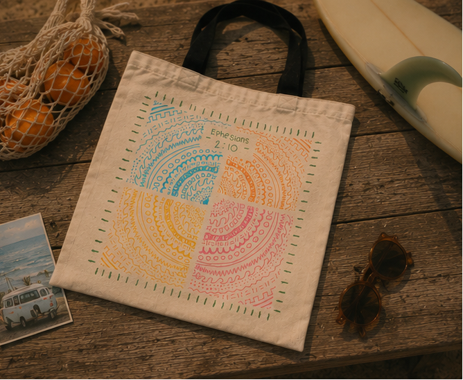 Faith-inspired Ephesians 2:10 tote bag photographed on a rustic wooden table in warm coastal sunlight.