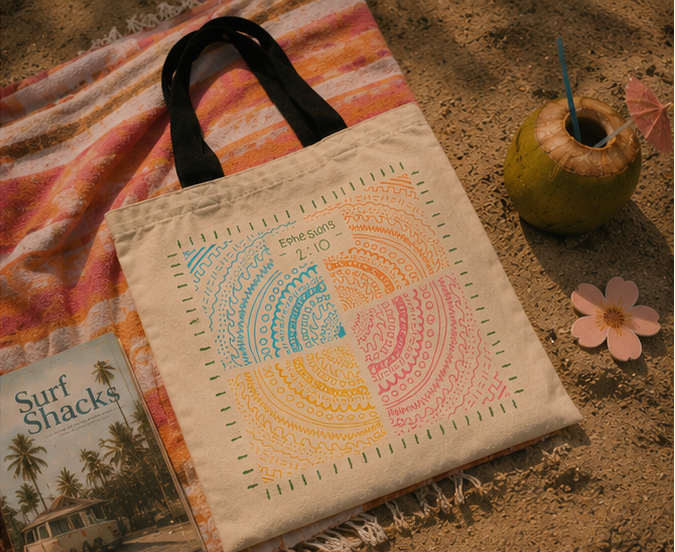 Ephesians 2:10 pastel graphic tote bag photographed on a striped beach towel with relaxed summer beach styling.