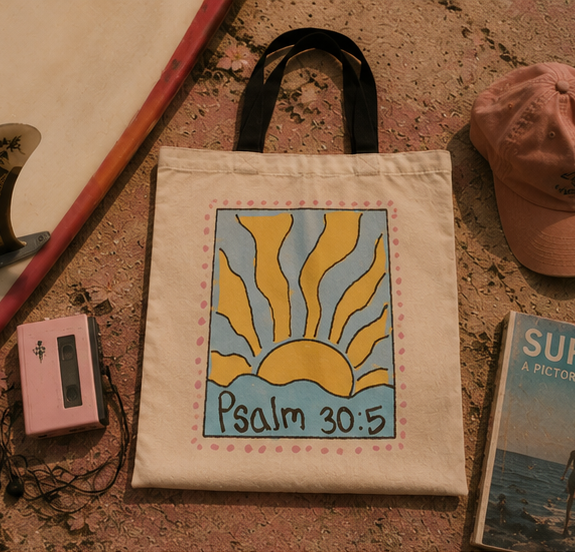 Faith-inspired Psalm 30:5 tote bag photographed beside beach accessories and a surfboard in warm coastal sunlight.
